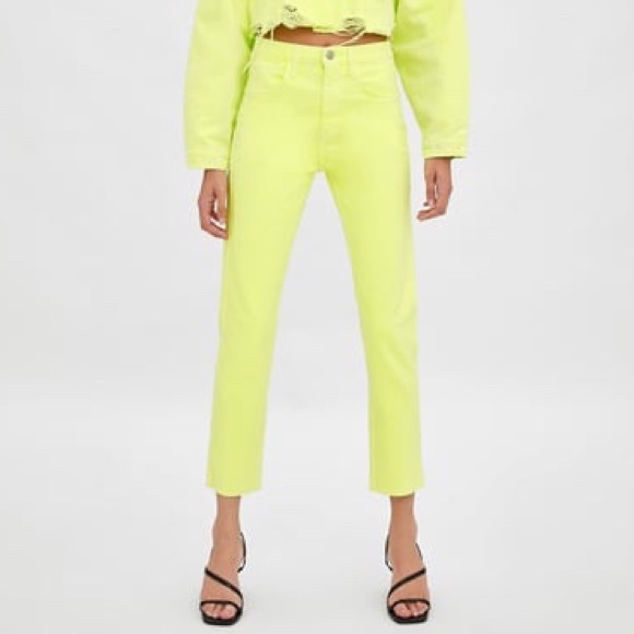 Zara | Jeans | Zara Hirise Ankle Length Jeans Neon Green | Poshmark